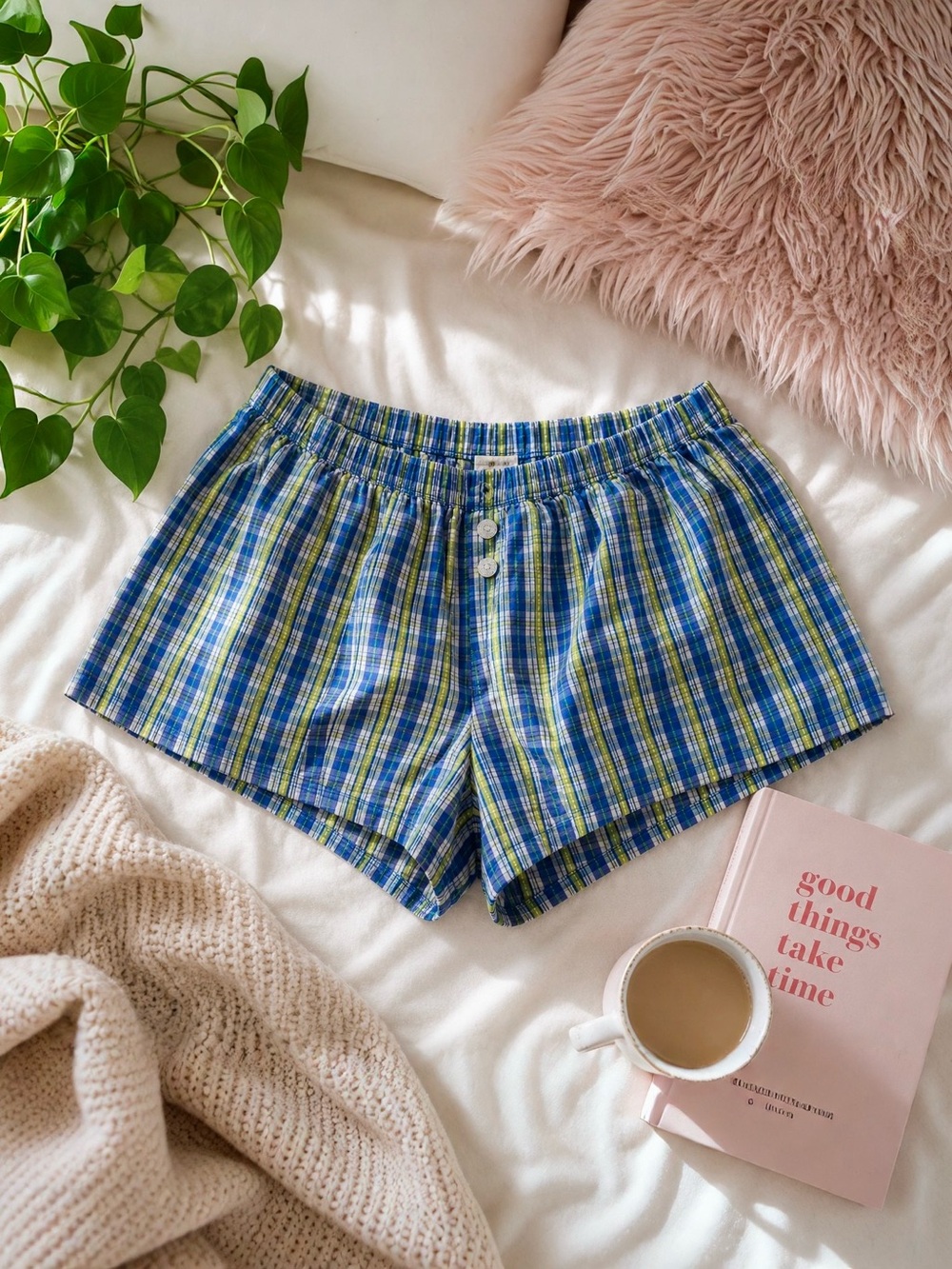 Y2K Blue Plaid Boxer Pajama Shorts • No Boundaries • Soft Cotton Lounge Shorts